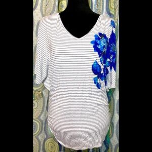 Miss Chievous Black & White Striped Blue Flowers Dolan Top Size Large Stretchy